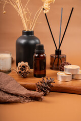 Amber Bottles with Aromatherapy Candles and Diffuser for Spa and Wellness Decor