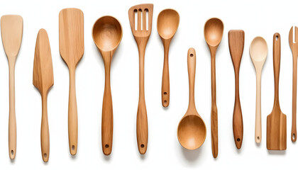 Set of wooden kitchen utensils arranged artistically on a white background for cooking
