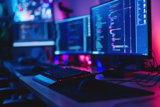 Computer monitors showing lines of code in programming language for software development in a dark room illuminated by neon light