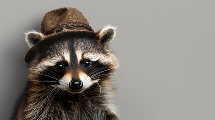 Fototapeta premium A raccoon in a brown cap looks intently at the camera.