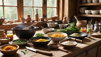 Rustic kitchen with various ingredients and bowls on wooden table for preparing a meal

