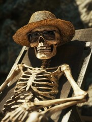 Skeleton in straw hat and sunglasses