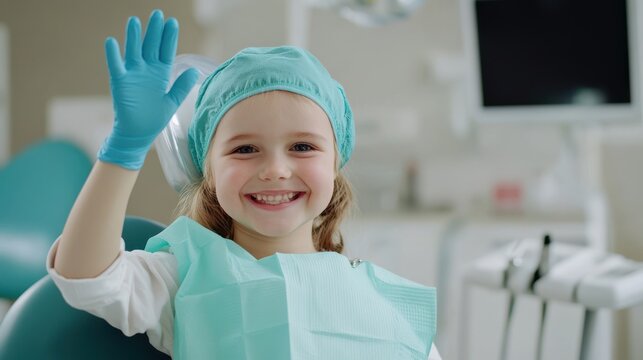 A cheerful girl in a dental chair waves excitedly, embodying comfort and ease in a pediatric dental setting.