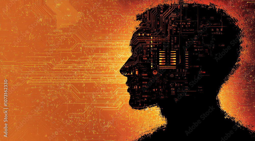 Poster a silhouette of a person's head with circuit board pattern superimposed over it
