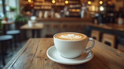 White Coffee Cup with Intricate Latte Art in Atmospheric Café : Generative AI