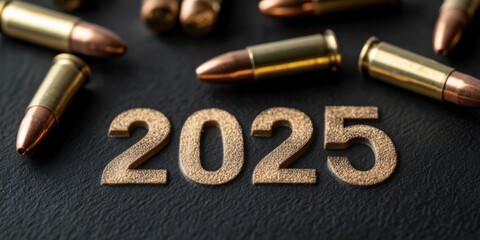 Brass bullets frame the year "2025" in bold numbers on a dark surface, hinting at precision and intensity.