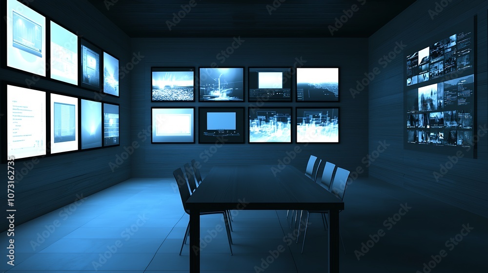 Poster modern control room with digital displays and high-tech surveillance equipment : generative ai