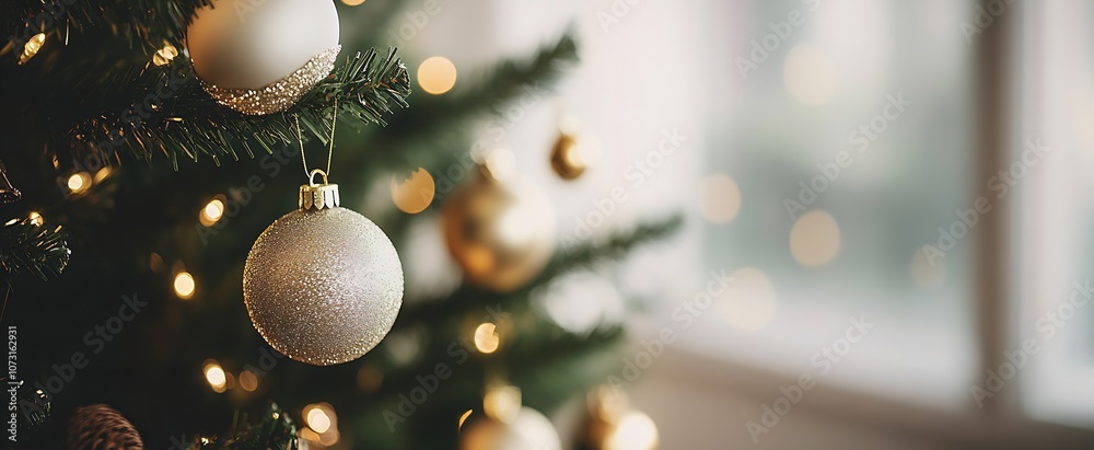 Poster beautiful christmas tree with gold ornaments and soft focus background : generative ai