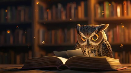 An owl sitting on an open book in a library.
