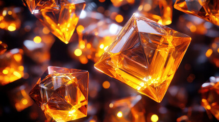 Floating golden polyhedral crystals against a dark background, shining brightly with warm, rich tones, exuding elegance and mystery.