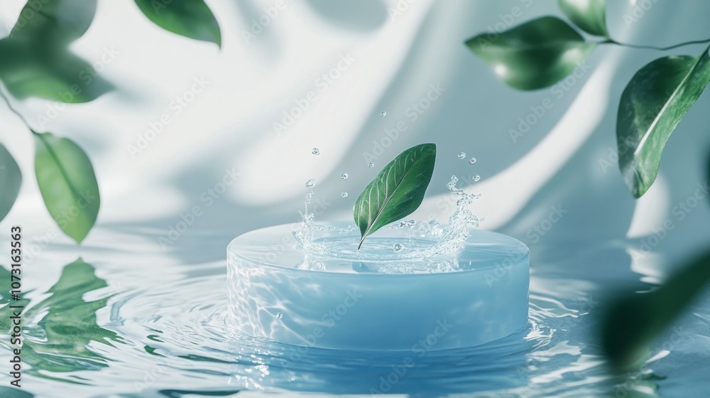 Poster a blue water surface with a leaf floating on top of it