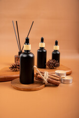 Matte Black Dropper Bottles with Reed Diffuser, Pinecones, and Tealight Candles in Spa Decor