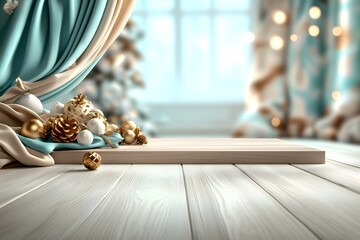 Obraz premium Aesthetic Close-Up of a Smooth Light Wood Table Surrounded by Festive Decorations in a Softly Blurred Background with Elegant Curtains and Holiday Cheer