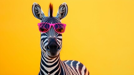 zebra wearing sunglasses on a yellow color background, vector art, digital art, faceted, minimal, abstract, panorama background. Generative AI.