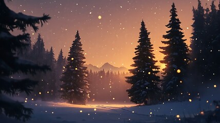 Naklejka premium Silhouetted Pine Trees in a Snowy Forest at Sunset