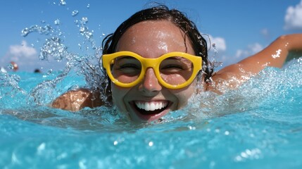 Ecstatic woman wearing yellow goggles joyfully splashes in clear blue pool water, radiating playful energy.