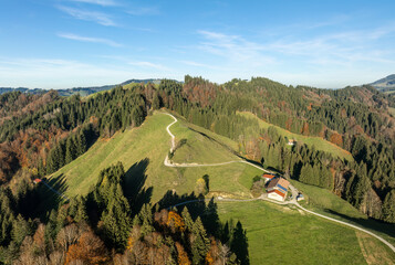aerial panoramic view of the Nagelfluh mountains in Fall  next to Obertsaufen-Steibis, Allgaeu Alps, Germany