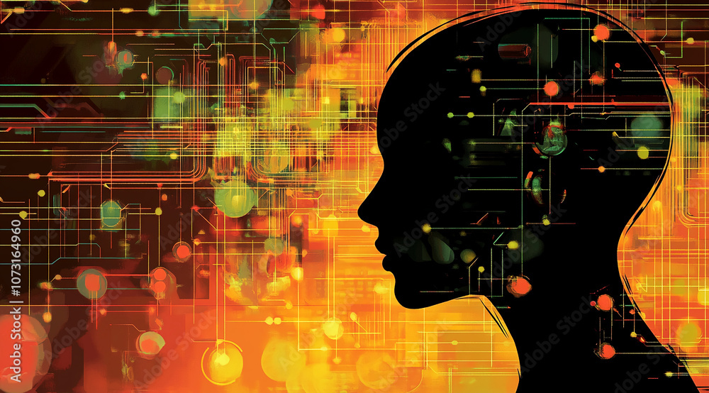 Poster a silhouette of a human head with a colorful, intricate network of lines and dots superimposed on th