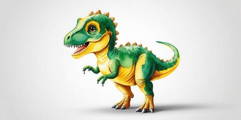 Fototapeta premium A colorful, cartoon-style dinosaur character with a cheerful expression, featuring green scales and yellow underbelly, set against a neutral background.