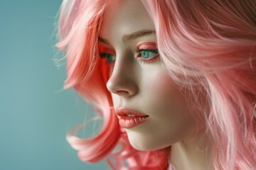 Fototapeta premium Portrait of a young woman with pink hair and pink makeup looking away from the camera