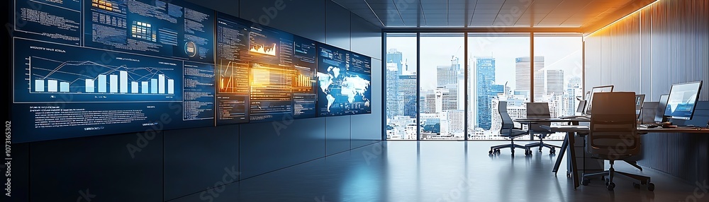 Poster contemporary office environment with high tech data displays and city view : generative ai