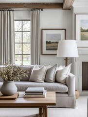 Living Room Interior with Gray Sofa, Wooden Coffee Table, and White Lamp
