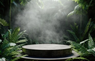 A stone podium in a tropical jungle, surrounded by ferns and palm trees. This 3D rendering serves as a background for product presentation, with a close-up view and a bokeh blur effect.