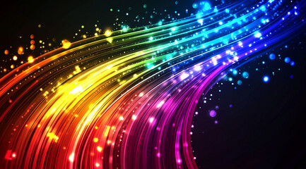 Obraz premium Bright neon light trails in rainbow colors curve across a black background, creating a dynamic and vibrant abstract design with a futuristic feel. 