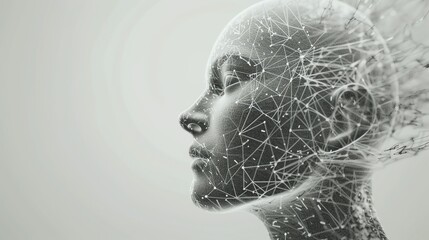 A digital rendering of a human head made of interconnected lines.