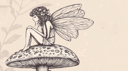 A delicate fairy with wings sits on a large mushroom, her head tilted down in thought, surrounded by floral details and a soft beige background. © Fana Art