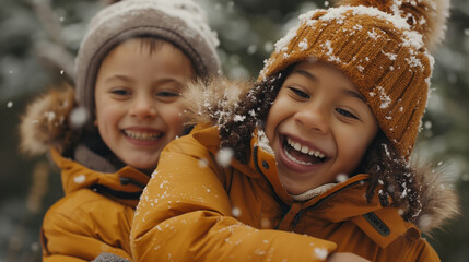 Kids are having fun outdoors, in the snow, winter time. Children playing outside, throwing...