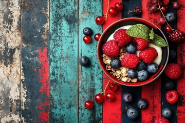 Delicious yogurt bowl with fresh berries on rustic multicolored wooden table