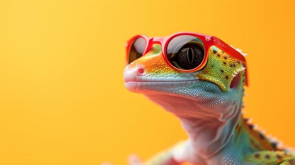 gecko wearing sunglasses on a yellow color background, vector art, digital art, faceted, minimal, abstract, panorama background. Generative AI.