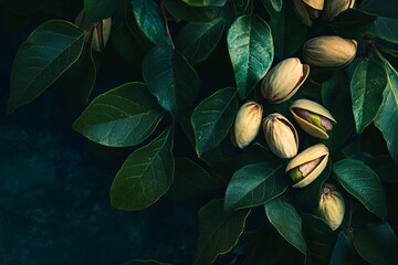 Bright green pistachio nuts and leaves frame a blurred background of nature in a sunlit orchard during a warm summer day