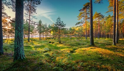 Fototapeta premium Autumn's Embrace: The Tranquil Latvian Forests with Soft Moss and Seaside View