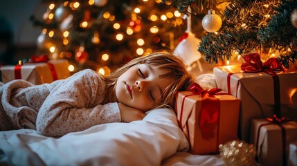 Cozy Child Asleep by the Christmas Tree Surrounded by Beautifully Wrapped Gifts in Soft Pajamas and Sparkling Holiday Lights