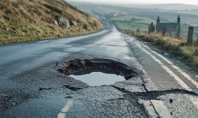 Pothole on Side of Damaged Asphalt Road - Road Maintenance and Infrastructure Concept