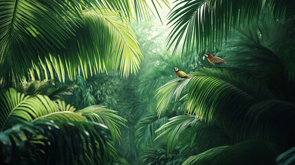 Tropical Jungle with Stylized Palm Leaves and Birds: