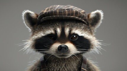 A raccoon wearing a hat looks intently at the camera.