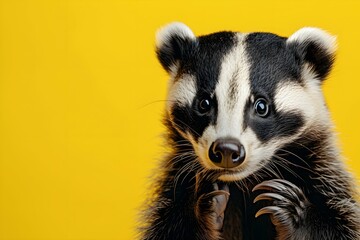 badger looking surprised, reacting amazed, impressed, standing over yellow background