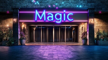 Elegant neon sign for a magic-themed venue, featuring shimmering metal accents that enhance the inviting atmosphere at night, designed for captivating visuals in urban settings.