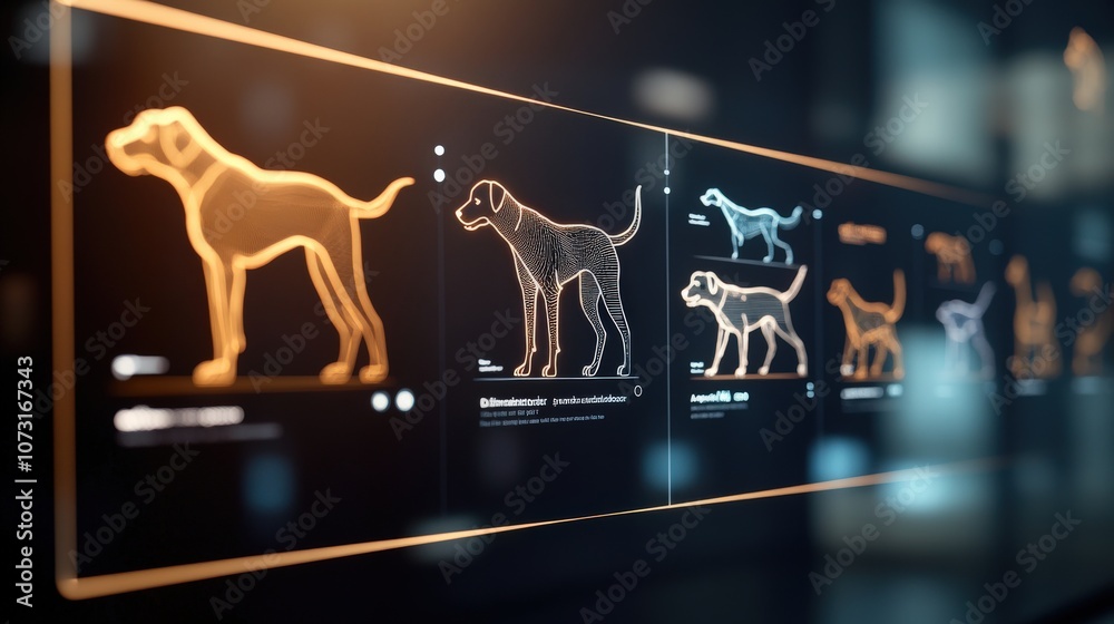 Poster detailed visualization of multiple dog breeds featuring wireframe models and information cards in a 