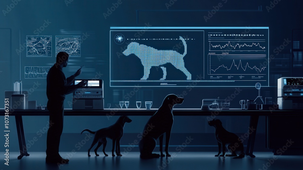Poster Researcher Analyzing Data with Dogs in a Modern Laboratory Setting Featuring High-Tech Screens and Graphs for Scientific Investigation and Analysis