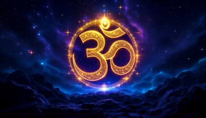 Radiant om symbol in mystical night sky for meditation and spiritual design