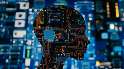 A silhouette of a human head is superimposed over a circuit board, representing the convergence of technology and humanity