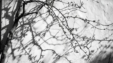 Obraz premium Branches, Shadows, and Sunlight on the Wall - a serene and natural visual. The interplay of branches and shadows cast by sunlight creates a calming atmosphere on the wall.