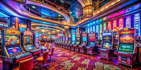 Vibrant Nighttime Scene of Electronic Slot Machines in a Casino Offering Entertainment and Thrills to Players Amidst Glowing Lights and Sound Effects