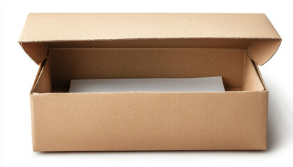 An open cardboard box displayed horizontally, featuring a blank white sheet inside, emphasizing packaging and storage utility.