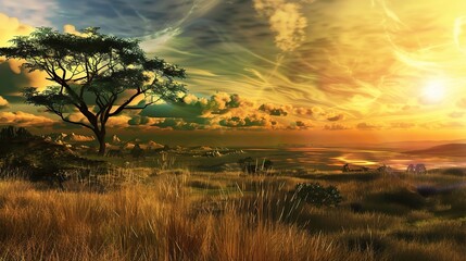 The Vast Savanna: A Land of Golden Grasslands, Towering Acacia Trees, and Diverse Wildlife. The Savanna Landscape Where the Sun Shines Bright