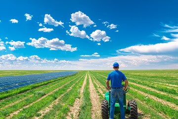 Fototapeta premium Technician Operating Machinery for Solar Cell Installation in Green Field Under Bright Blue Sky with Fluffy White Clouds